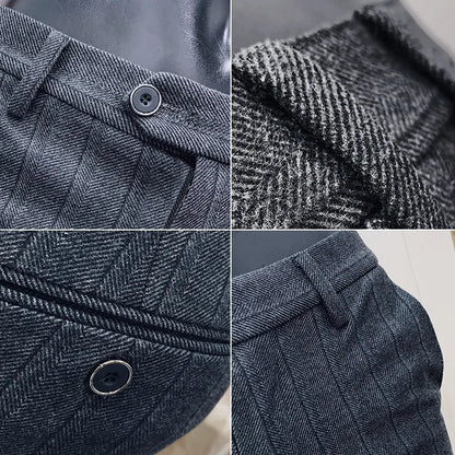 Autumn Winter Striped Woolen Cloth Suit Pants Men Casual Slim Straight Warm Trousers Formal Business Social Office Dress Pants