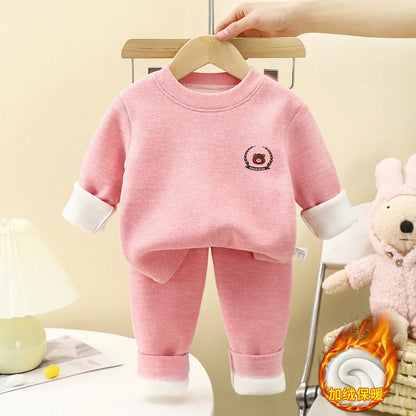 New Children's Warm Underwear Set Boys and Girls Winter Cartoon Plus Velvet Thick Round Neck Sleepwear 2PCS Set
