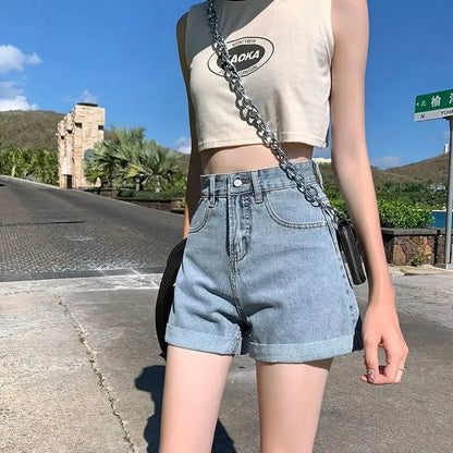 Summer Thin Style Korean Version High Waist Slimming Denim Shorts for Women Loose Line Outer Wear Rolled Edge Wide Leg Hot Pants
