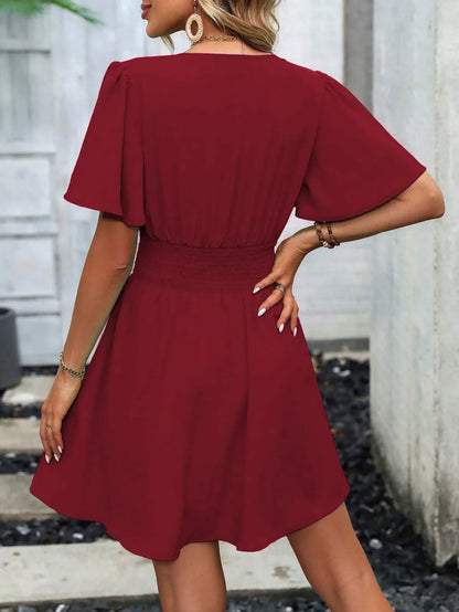 2025 New Summer Deep V-Neck Smocked Ruffled Sleeves Bodycon Dress Women French Retro Style Solid Color Short Long Midi Maxi Dres