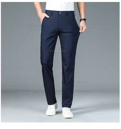 Bamboo Fiber Fabric Men's Casual Pants Summer New Ultra-thin Elastic Soft Straight Business Trousers Classic Black Khaki Gray