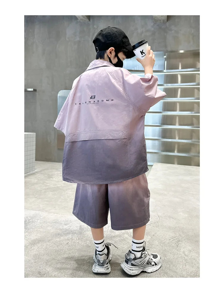 Fashion Kids Clothing Set Shirt Shorts Summer Suit for Teenage Boy Loose Casual Gradient Color Clothes Set Child Luxury Outfit