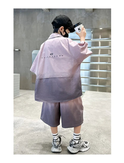 Fashion Kids Clothing Set Shirt Shorts Summer Suit for Teenage Boy Loose Casual Gradient Color Clothes Set Child Luxury Outfit