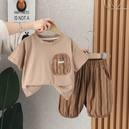 New Summer Baby Clothes Suit Children Boys Striped Pocket TShirt Capri Pants 2Pcs/Sets Toddler Casual Costume Kids Tracksuits