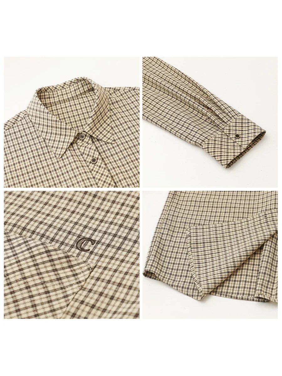 Women Shirt Loose Casual Single-breasted New Retro Contrast Plaid Embroidered Blouses Female Top Autumn Winter 2026