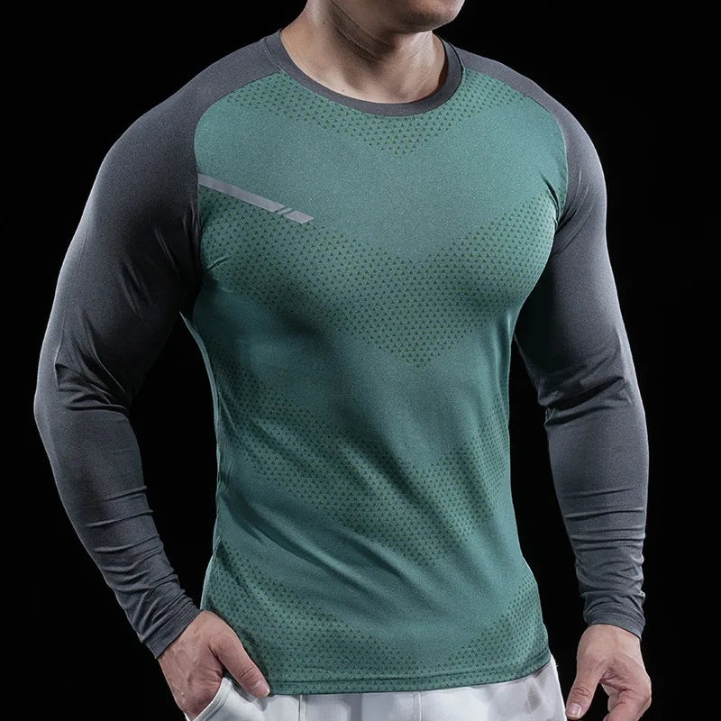 Autumn Winter Men Gym Fitness Display Long Sleeve T-Shirt Crew Neck Elastic Moisture Wicking Tights Running Training Bottom Top