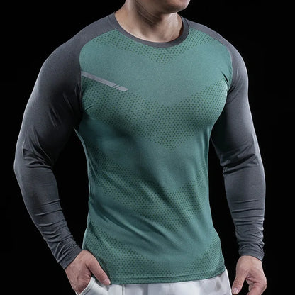 Autumn Winter Men Gym Fitness Display Long Sleeve T-Shirt Crew Neck Elastic Moisture Wicking Tights Running Training Bottom Top