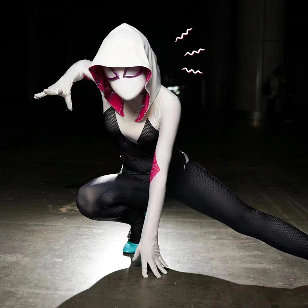 Spider Gwen Costume Across the Spider-Verse Gwen Stacy Hooded Cosplay Zentai Bodysuit Spider Man Carnival Party Anime Outfit