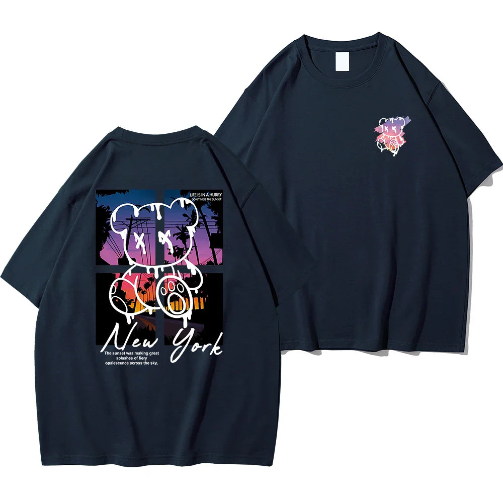 New York Art Word Cartoon Bear Sunset Scenery Design T Shirts Men Fashion Cotton Shirt Loose Summer T Shirts Oversized Tee