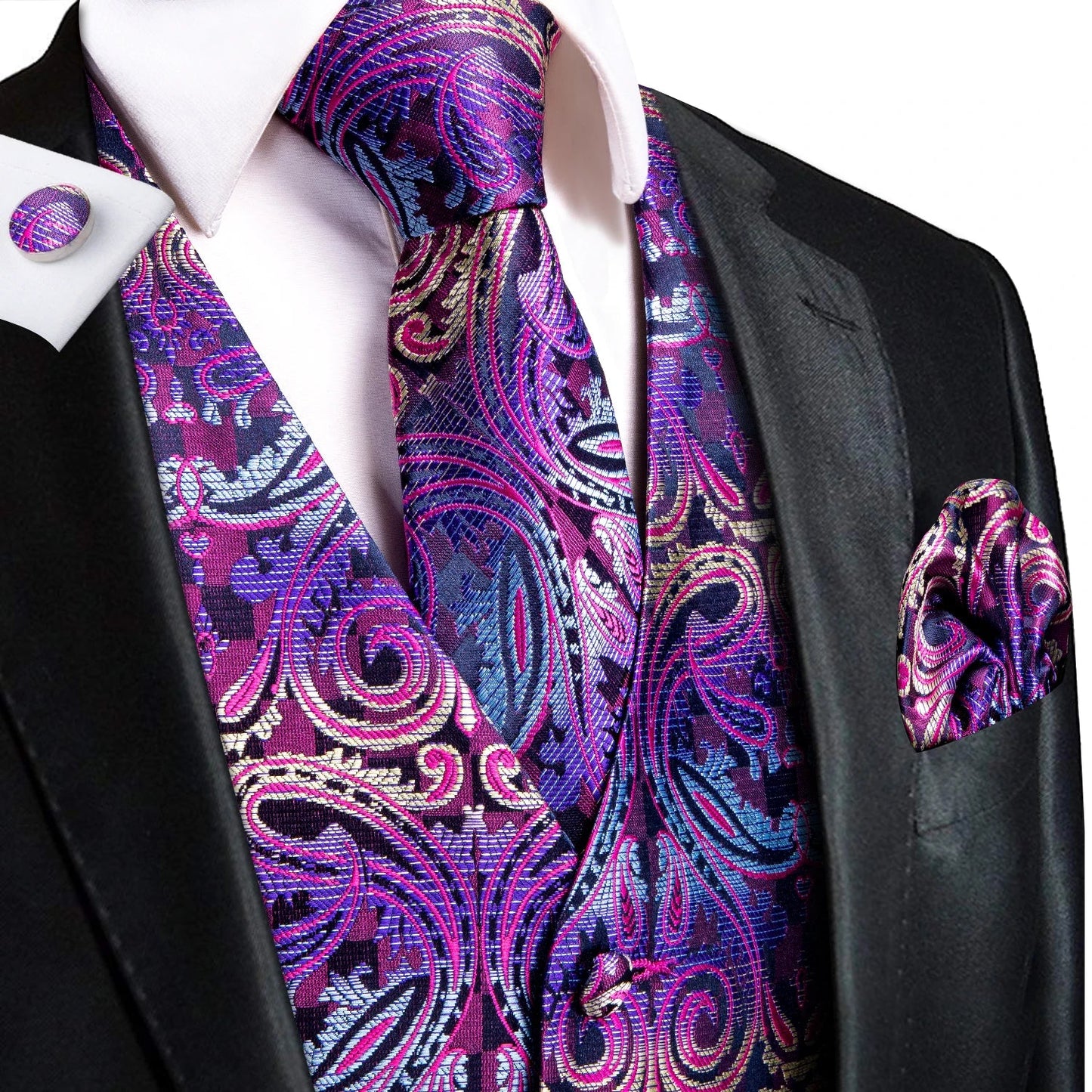 Green Mint Purple Mens Silk Vest Tie Jacquard Autumn Spring Suit Waistcoat Jacket Necktie Hanky Cufflinks for Men Wedding