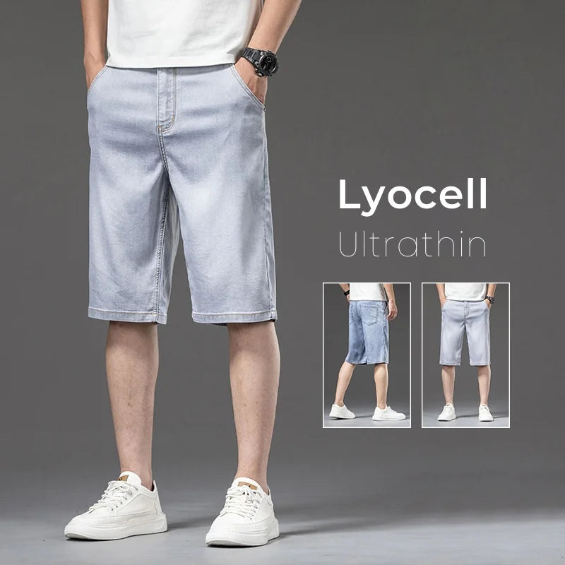 Lyocell Thin Men's Baggy Denim Shorts Loose Summer Casual  Stretch Soft Straight Jeans Male Brand Shorts Male Blue Grey