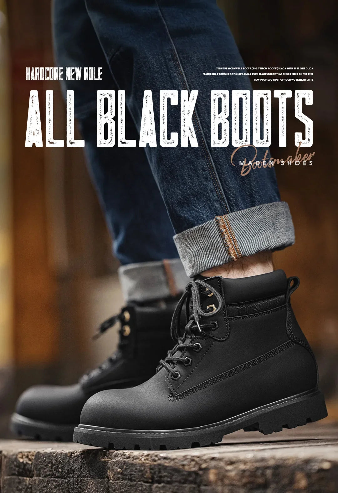 Men's Versatile Black Boots Plush Lining Warmth Shoes Retro Non-Slip Thick Sole Work Boots Outdoor Casual Mid-Calf Boots