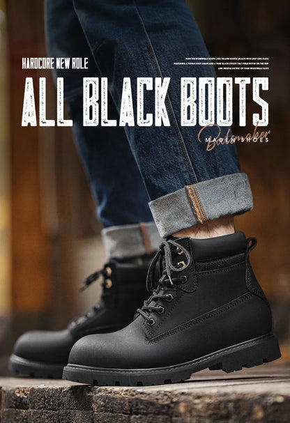 Men's Versatile Black Boots Plush Lining Warmth Shoes Retro Non-Slip Thick Sole Work Boots Outdoor Casual Mid-Calf Boots