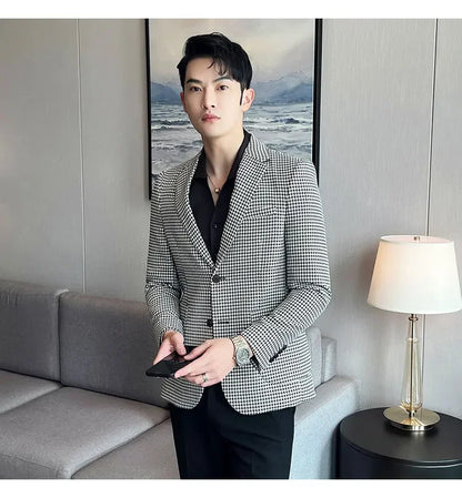 2025 Spring Men's Plaid Suit Jacket Korean Luxury Business Slim Fit Social Suit Jacket Formal Social Party Wedding Prom Tuxedo