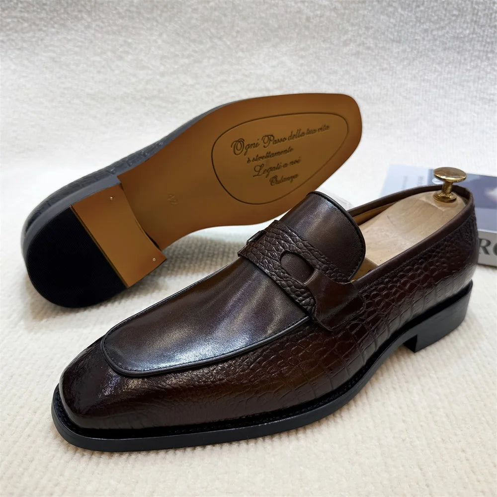 Luxury Men's Genuine Leather Dress Shoes Crocodile Print Wedding Loafers Double Buckle Business Office Formal Slip-On Shoes