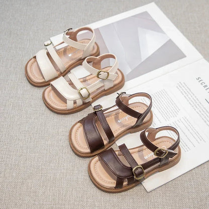Girls Roman Sandals Open Toe Little Kids Leather Sandals with Buckle Open Toe Children Summer Beach Shoes Non-Slip Soft Sole
