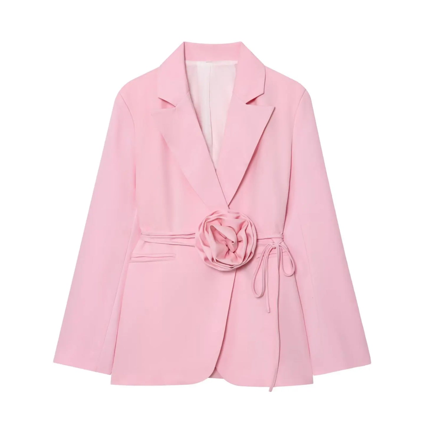 Women Notched Lapel Blazer with Floral Rose Belt Waist Tie Slim Long Sleeve Suit Jacket