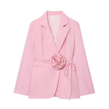Women Notched Lapel Blazer with Floral Rose Belt Waist Tie Slim Long Sleeve Suit Jacket