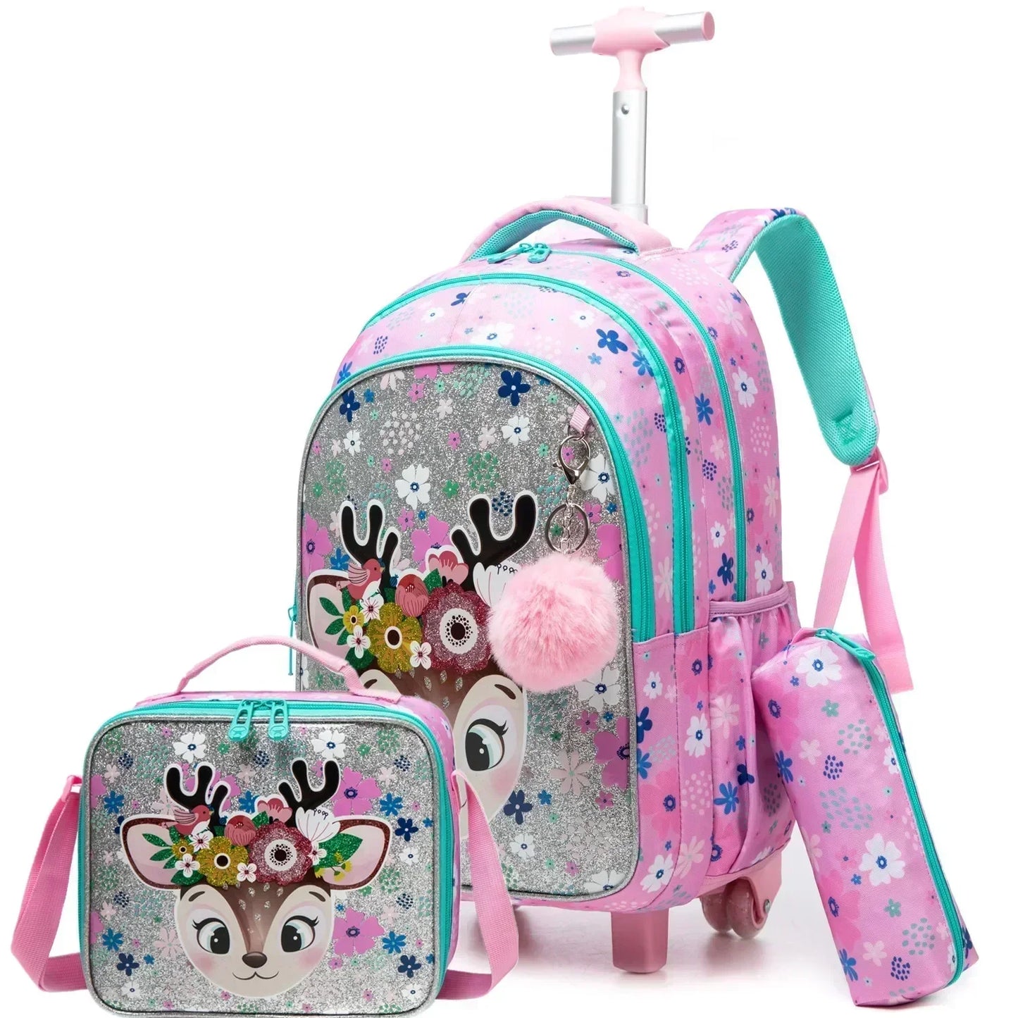 Children's Wheeled Backpack Bag Set with Lunch Box School Rolling Backpack Bag with Wheels School Trolley Backpack Bag for Girls