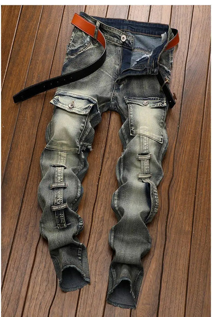 High Quality Fashion Luxury Retro Men's Denim Jeans Korean Style Vintage Casual Punk Motorcycle Designer Riding Cargo Jeans