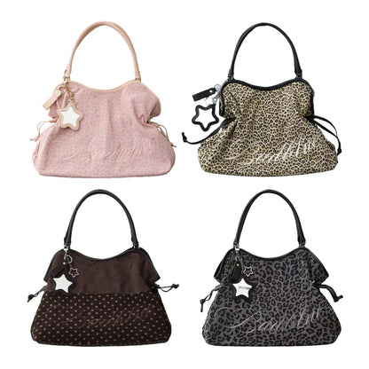 Women Leopard Print One Shoulder Armpit Bag Embroidered Letter Large Capacity Tote Bag Ladies Drawstring Versatile Underarm Bags