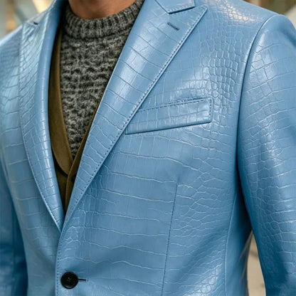Vintage Men's Crocodile Embossed Leather Blazer Notch Lapel 1 Button Jacket Business Casual Formal Luxury Coat With Flap Pockets