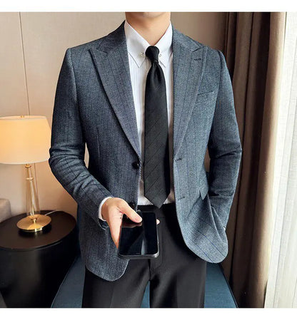 Men's Herringbone Stripe Suit Blazer Classic Lapel Dress Jacket Elegant Slim Fit Fashion Simple Casual Business Prom Suit Jacket