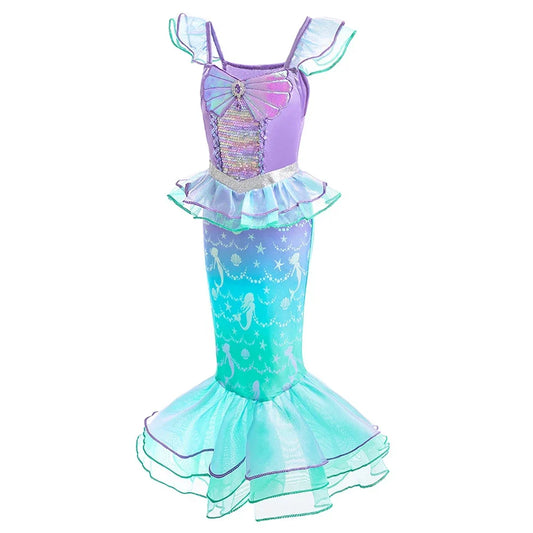 Halloween Costume Mermaid Dress Girl Ruffles Shell Fishtail Frocks Ariel Fantasy Luxury Princess Gown Children Fancy Fairy Dress