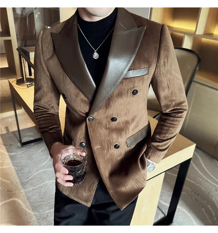 British Style Luxury Men Double Breasted Suit Jacket High Quality Fashion PU Leather Neck Spliced Coats Groom Social Party Dress