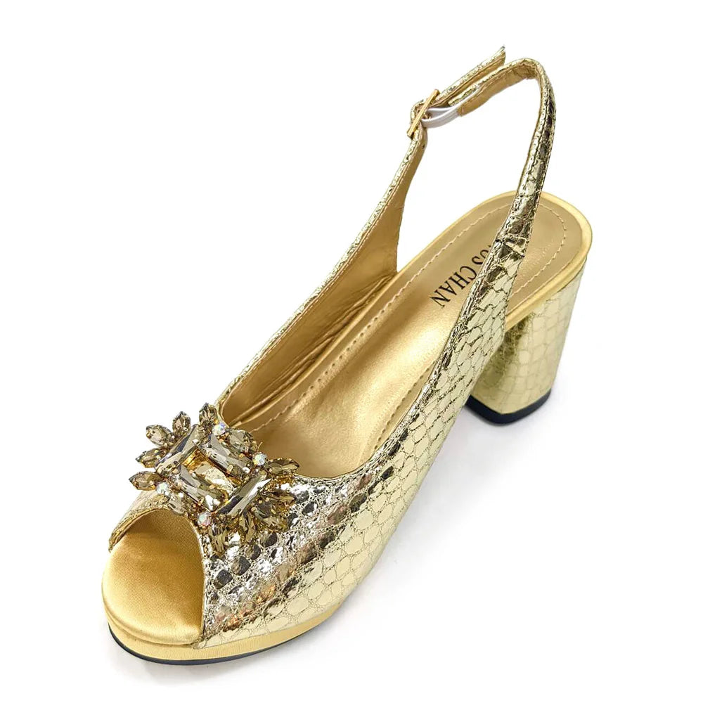 Italian Fashion Open Toe Women Strange Heels Bigger Size Fashion Rhinestone Decoration Brown Shoes And Bag Set Party Bag