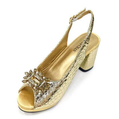 Gold Color Nigeria Fashion Rhinestone-encrusted Ladies Party Shoes And Special Bag High Heels Wedding Handbag