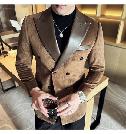 British Style Luxury Men Double Breasted Suit Jacket High Quality Fashion PU Leather Neck Spliced Coats Groom Social Party Dress