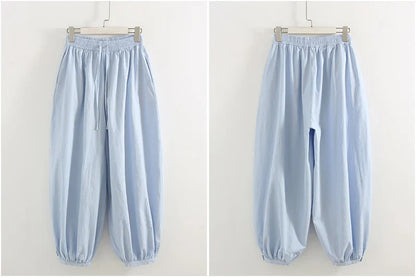 Summer Cotton Oversized Pants For Women Blue Baggy Aladdin Trousers Elastic Bloomers Navy Blue Cropped Lantern Harem Pants Woman