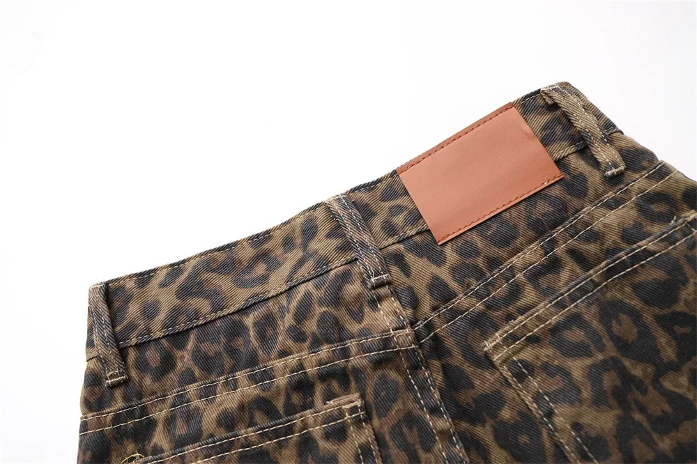 High Waisted Leopard Print Jeans for Women Y2k Retro Streetwear Denim Pants Hip Hop Straight Wide Leg Baggy Jeans