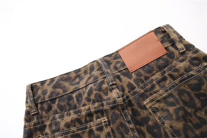 High Waisted Leopard Print Jeans for Women Y2k Retro Streetwear Denim Pants Hip Hop Straight Wide Leg Baggy Jeans