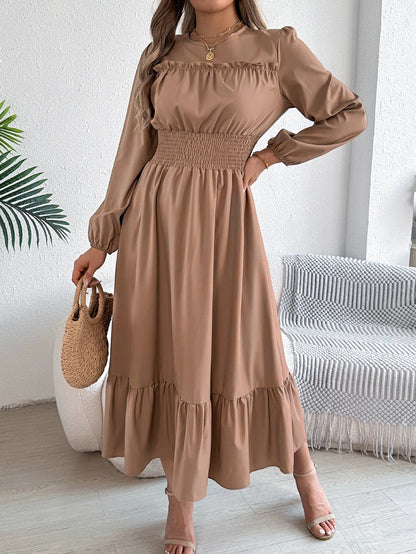 Autumn and Winter Casual Elegant Solid Color Round Neck Long Sleeved Waist Cinched Lotus Leaf Edge Dress Women Clothing