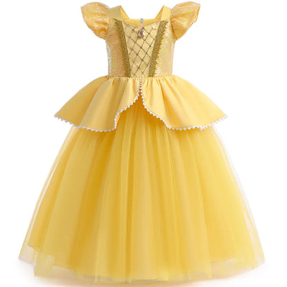 Beauty Beast Halloween Girl Princess Belle Costume Christmas Festive Evening Party Fancy Fairy Yellow Shoulderless Long Dresses