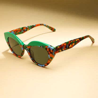 Handmade Feel Retro Glasses Asymmetric Cat Acetate Frame UV400 for Women Polarized Unique Lightweight Fit