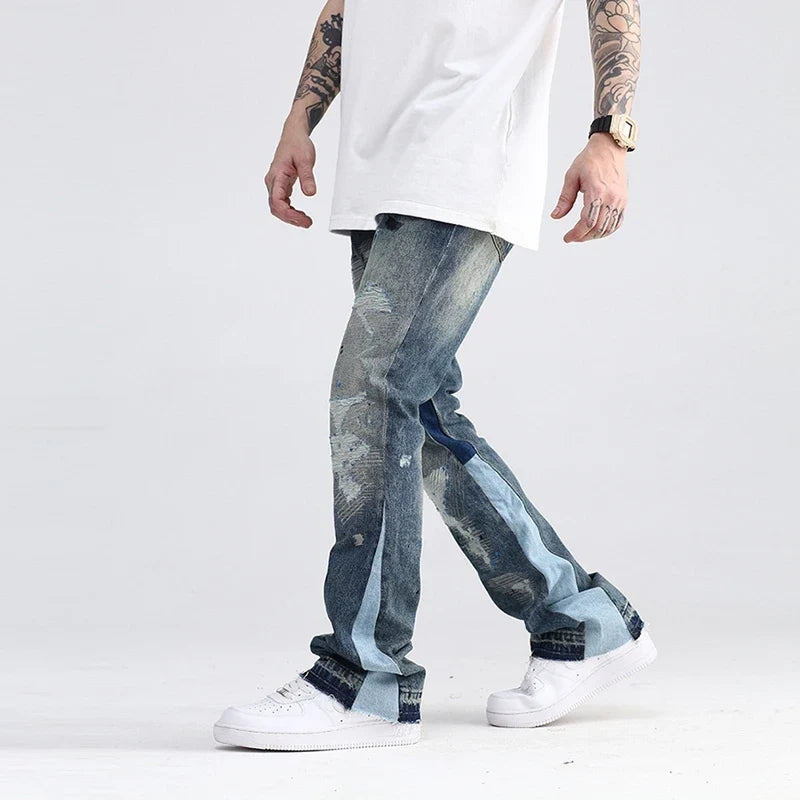 Blue Speckle Ink Washed Flared Jeans Slim Fit Hip Hop Graffiti Ripped Denim Pant Men Streetwear Vintage Wide Leg Jean Pants Y2k