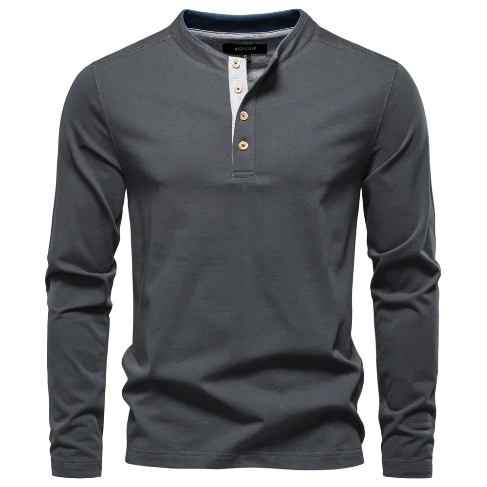 Men's Long SleeveT-shirt Fashion HIgh Quality Cotton t shirt for man button collar basic tshirt