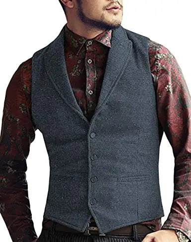 Men's Suit Vest Slim Fit Herringbone Pattern Mail Waistcoat Flip Tie Pocket Vest Business Banquet Wedding Groomsman Dress Vests