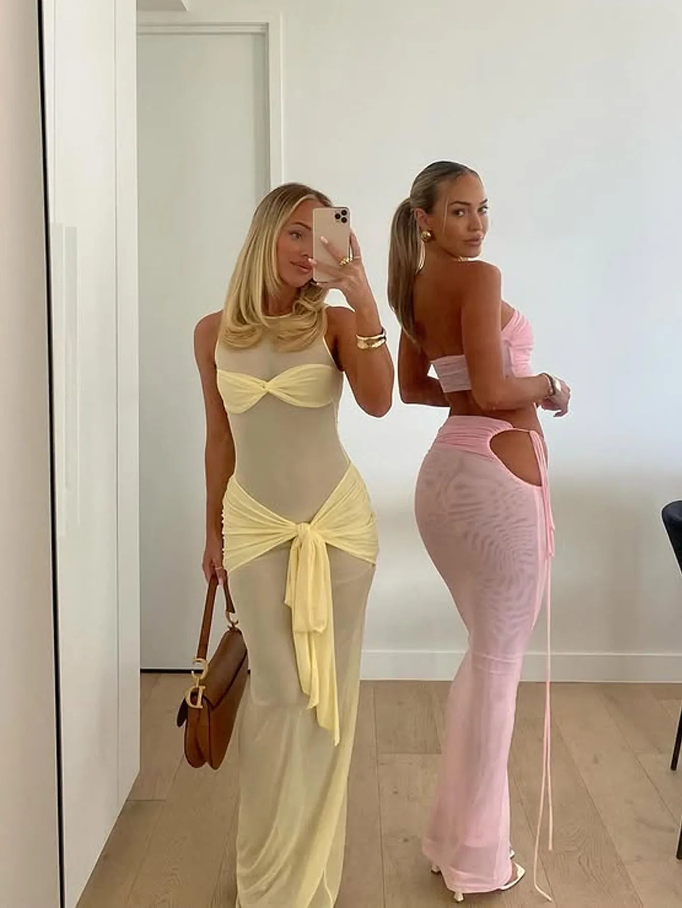 Women's fashion Pale Yellow Sheer Mesh Maxi Dress with Twist Front & Self-Tie Waist,Back to School,Fall Dresses For Women