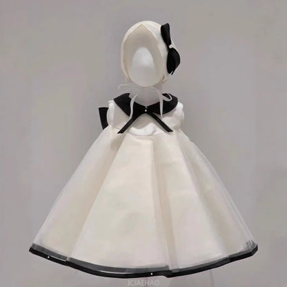 Party Dress Costumes Korean Style Girls Tulle First Birthday Dresses Children Black Bow  Collar Kids Flower Girl Gown Clothes