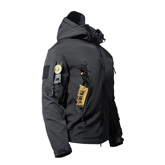 Mens Winter Autumn Warm Cargo Fleece Jackets Sharkskin Military Hood Windproof Outdoor Coats Hiking Camping Climbing Tactical