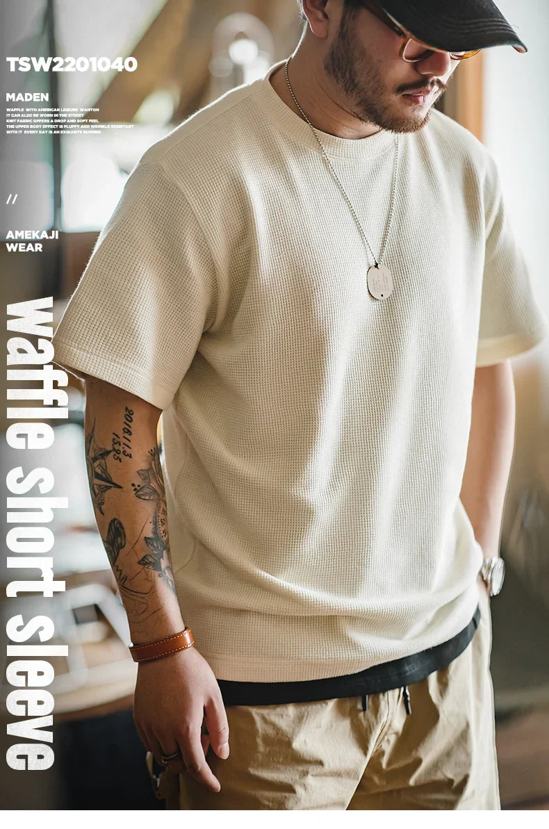 Maden Retro Knit Waffle Short Sleeve T-shirts for Men's Summer Round Neck Loose Fit Casual Tee Basic Solid Color Classic Tops