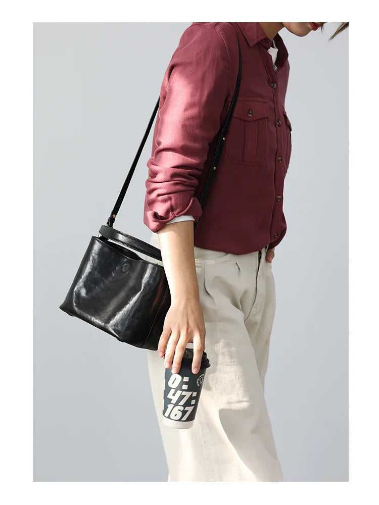 2024 New Arrival Genuine Leather Crossbody Bucket Bags Women Luxury Retro Small Handbag Soft Shoulder Bag