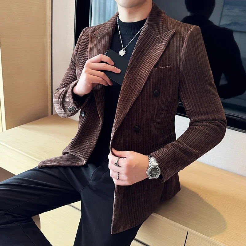 Autumn Winter New Men Corduroy Suit Jackets Double-Breasted Striped Slim Fit Casual Coats High Quality Formal Business Tailcoat