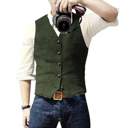 Mens Suit Vest Tweed Retro V Neck Wool Herringbone Waistcoat for Prom Single Breasted Males Dress Suit Vest Plus Size