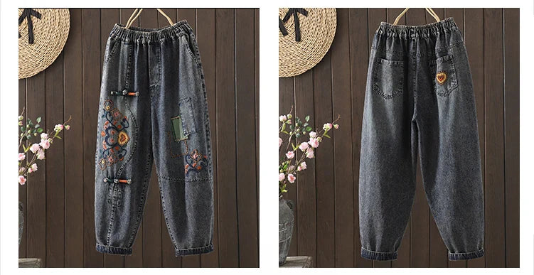 Fashion Y2K Women's Jeans plus Size Elastic Waist patch embroidery print Harem Pants Autumn Vintage Loose Ripped Denim Pants