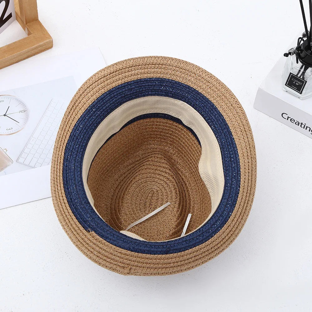 Classic Nostalgic Striped Straw Hat for Outdoor Travel Parent-child Fedoras Sun Shading and Sun Protection Denim Hat